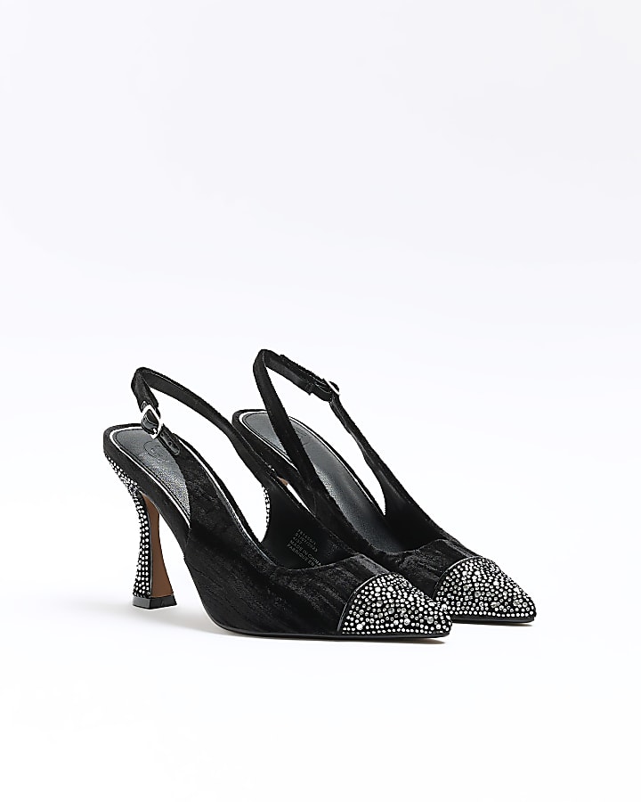 Black velvet diamante heeled sling back shoes