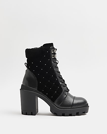 Black velvet embellished heeled ankle boots