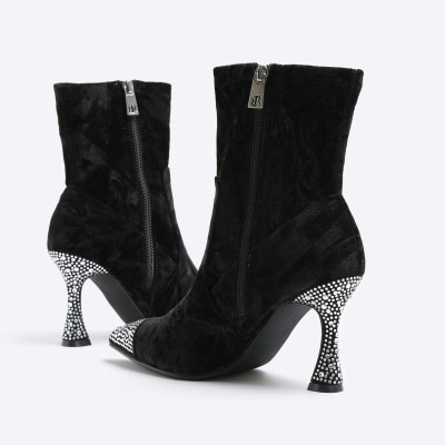 Black velvet heeled clearance boots