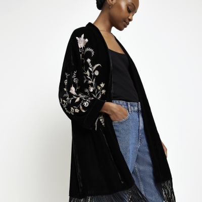 Black velvet embroidered kimono River Island