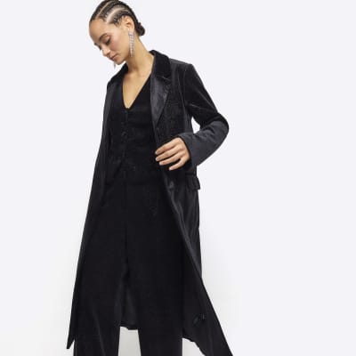 Black velvet glitter longline coat River Island
