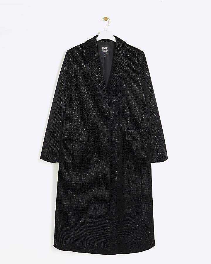 Black velvet glitter longline coat | River Island