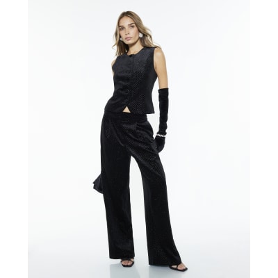 Black Velvet Hotfix Check Wide Leg Trousers