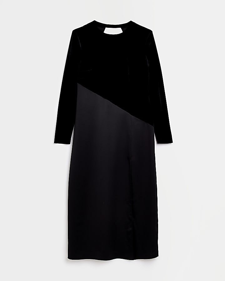 Black velvet long sleeve bodycon midi dress