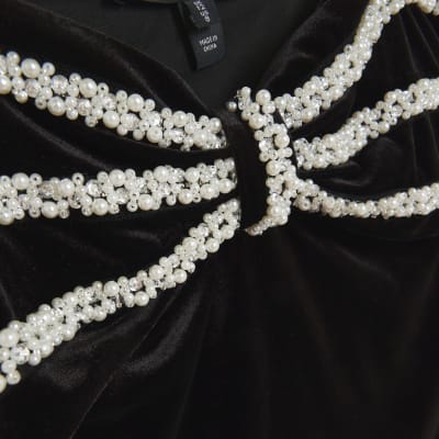 Black velvet pearl bow bodysuit