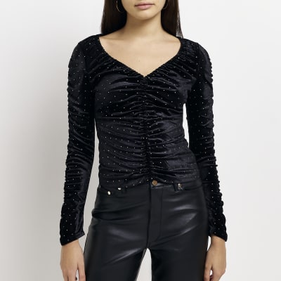 Black Velvet Ruched Long Sleeve Top River Island 