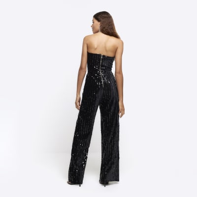 Black velvet sequin bandeau jumpsuit River Island