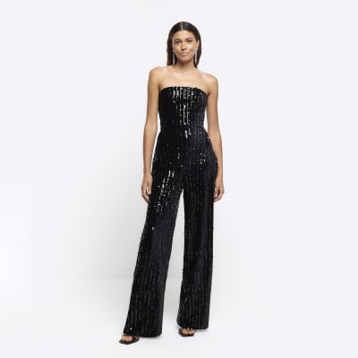 River Island Womens Black Velvet Sequin Bandeau Jumpsuit