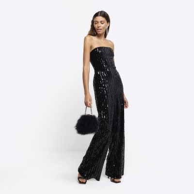 Black Velvet Sequin Bandeau Jumpsuit River Island 6661