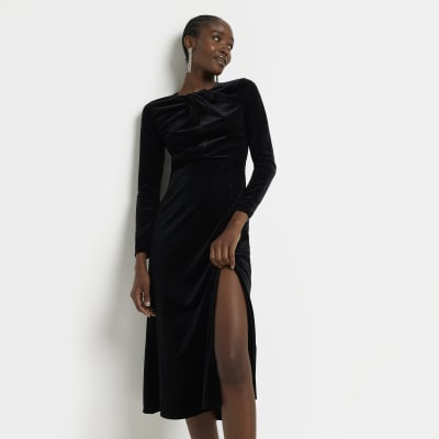 Black velvet shift midi dress River Island