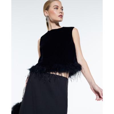 Black Velvet Sleeveless Feather Trim Top
