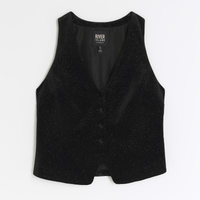 Black velvet sparkle waistcoat | River Island