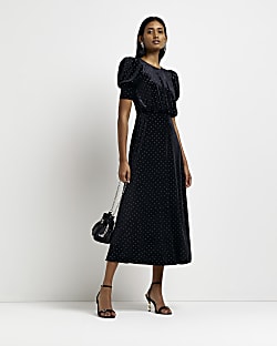 Black velvet studded midi dress