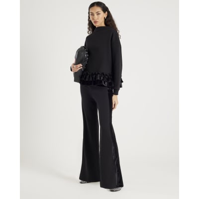 Black Velvet Trim Wide Leg Joggers River Island - Main Image