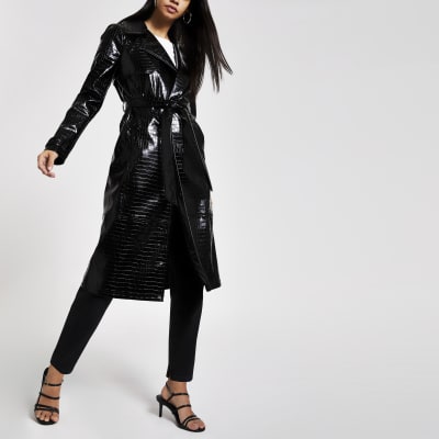 Black vinyl croc embossed trench coat