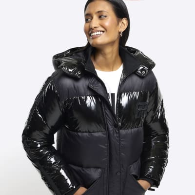 Black vinyl detail hooded puffer jacket | River Island