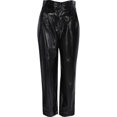 black vinyl high waisted trousers