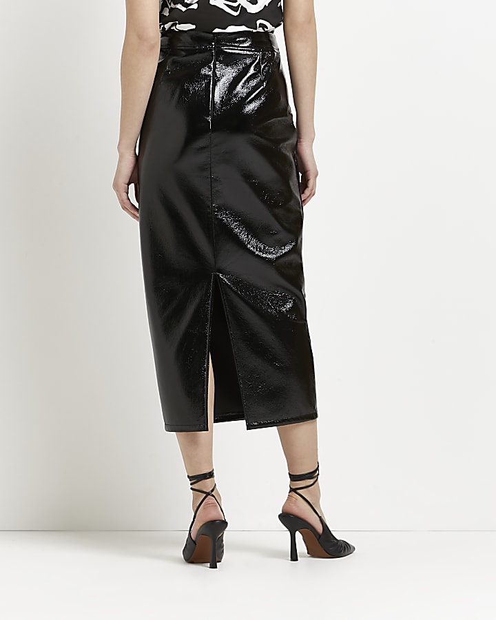 Black vinyl midi skirt
