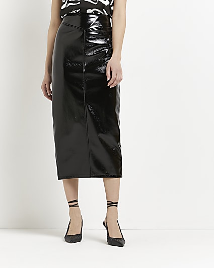 Black vinyl midi skirt