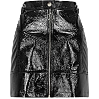 Black vinyl zip front mini skirt