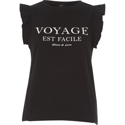 Black 'voyage' print frill sleeve tank top