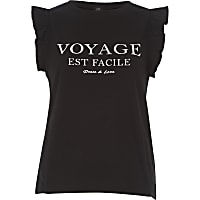 Black 'voyage' print frill sleeve tank top