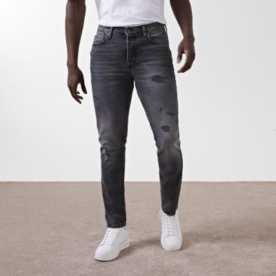 Black Washed Ripped Slim Fit Jeans River Island