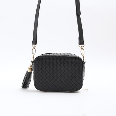 Black weave cross body bag River Island