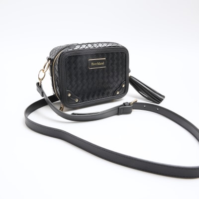 Black weave cross body bag River Island