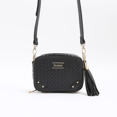 Black weave cross body bag River Island