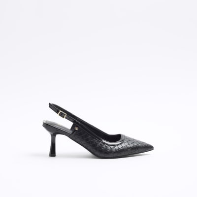 Black weave sling back heeled court shoes River Island