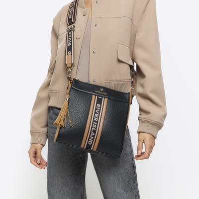 Black webbing messenger cross body bag River Island