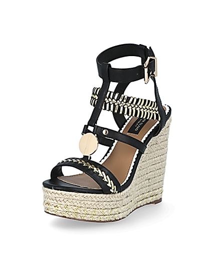 360 degree animation of product Black whipstitch strap wide fit wedge sandals frame-0