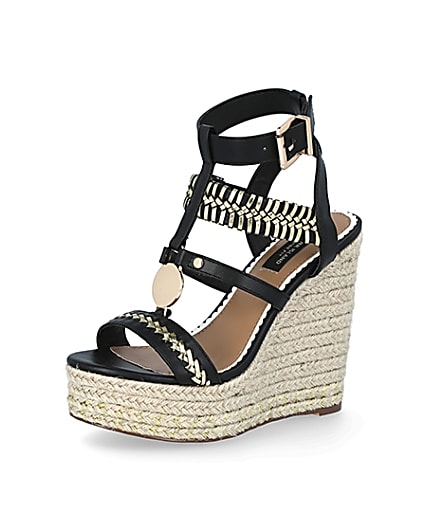 360 degree animation of product Black whipstitch strap wide fit wedge sandals frame-1
