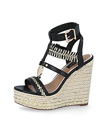 360 degree animation of product Black whipstitch strap wide fit wedge sandals frame-2