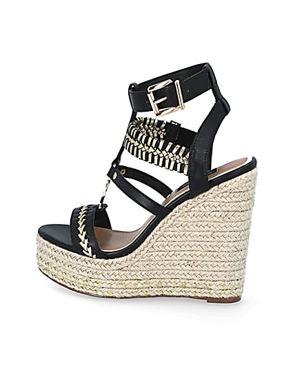 360 degree animation of product Black whipstitch strap wide fit wedge sandals frame-4