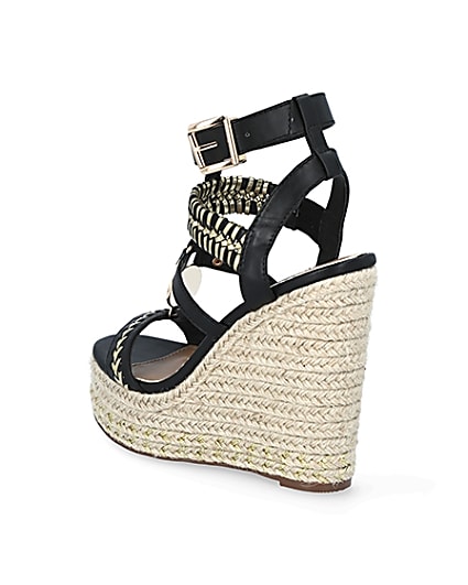 360 degree animation of product Black whipstitch strap wide fit wedge sandals frame-6