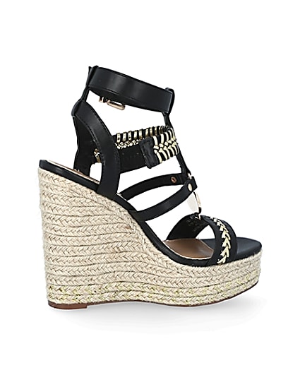 360 degree animation of product Black whipstitch strap wide fit wedge sandals frame-14