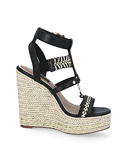360 degree animation of product Black whipstitch strap wide fit wedge sandals frame-16