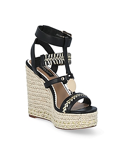 360 degree animation of product Black whipstitch strap wide fit wedge sandals frame-18