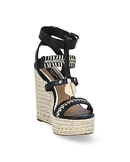 360 degree animation of product Black whipstitch strap wide fit wedge sandals frame-19