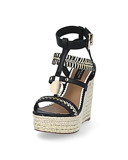 360 degree animation of product Black whipstitch strap wide fit wedge sandals frame-23