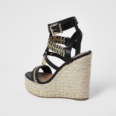 Black whipstitch strap wide fit wedge sandals