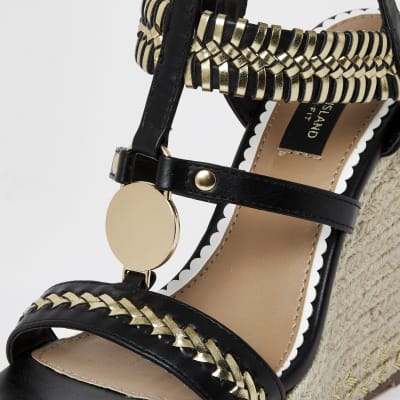Black whipstitch strap wide fit wedge sandals
