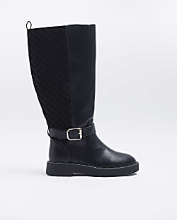Black wide calf quilted knee high boots