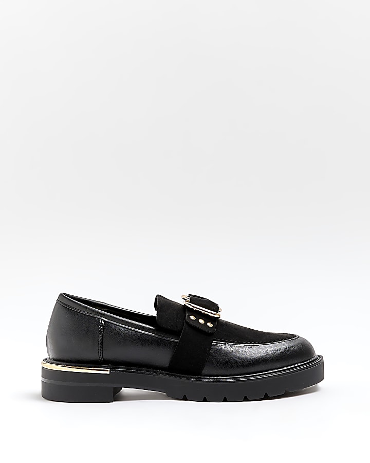Black wide fit buckle chunky loafers