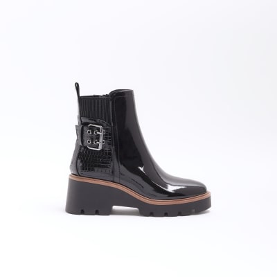 Black wide fit buckle detail chelsea boots River Island