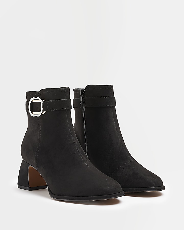 Black wide fit buckle heeled ankle boots