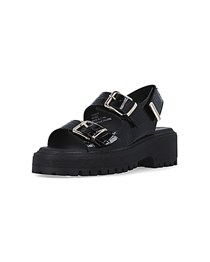 360 degree animation of product Black wide fit buckle sandals frame-0