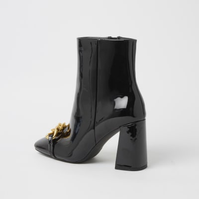 Black wide fit chain block heel boots